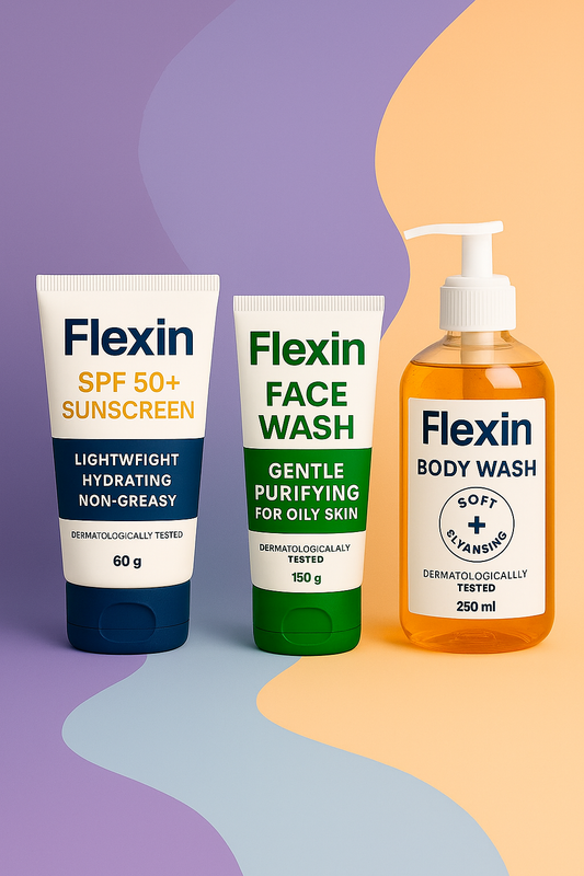 Flexin Daily Essentials Combo – SPF 50+ Sunscreen + Face Wash + Body Wash (Unisex)